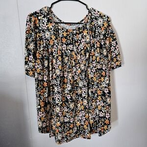 Chic Floral Blouse - Black, Orange, White